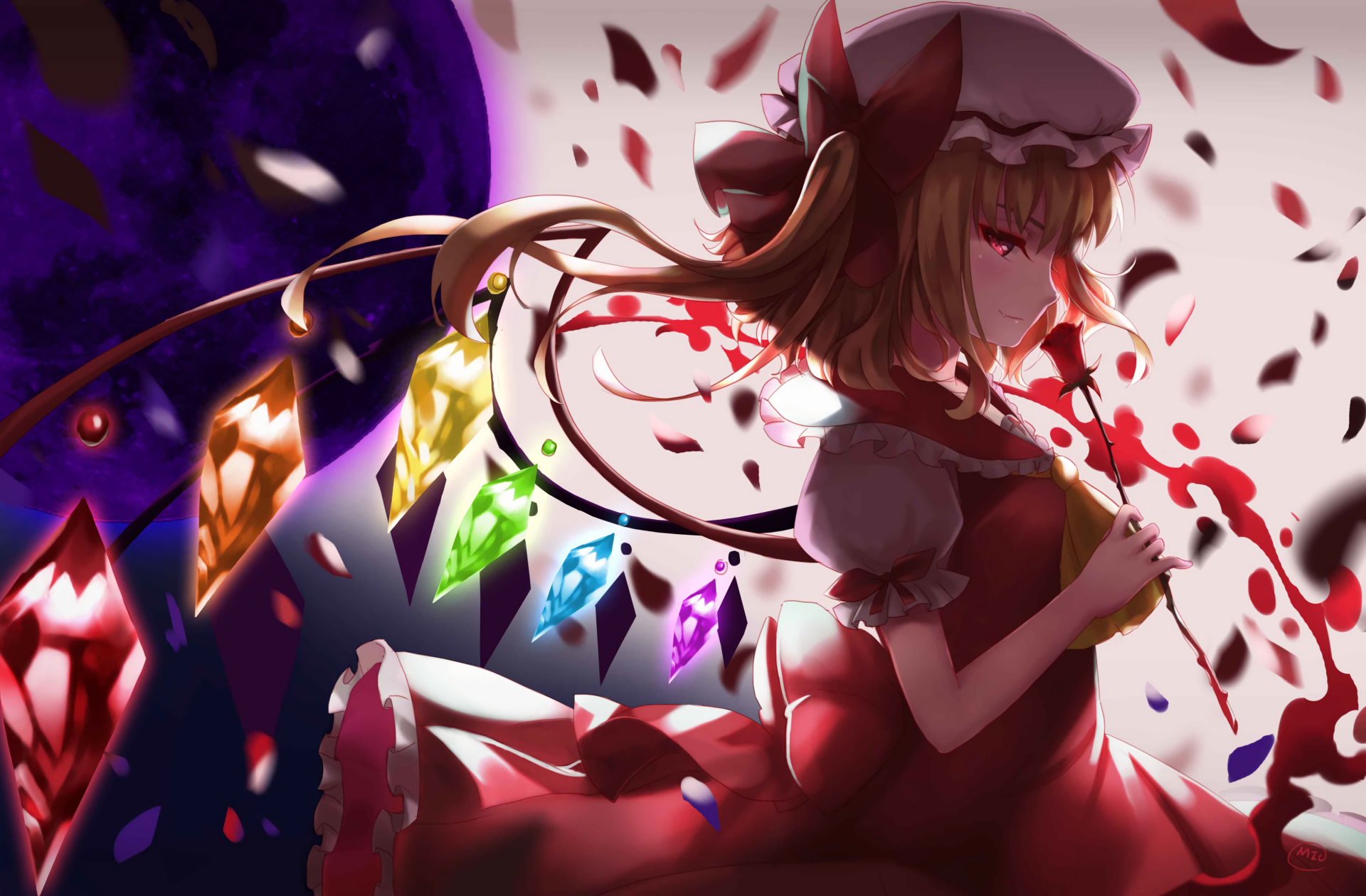 HD anime desktop wallpaper featuring Flandre Scarlet from Touhou, surrounded by vibrant, multicolored crystals and a dynamic, dark atmospheric background.