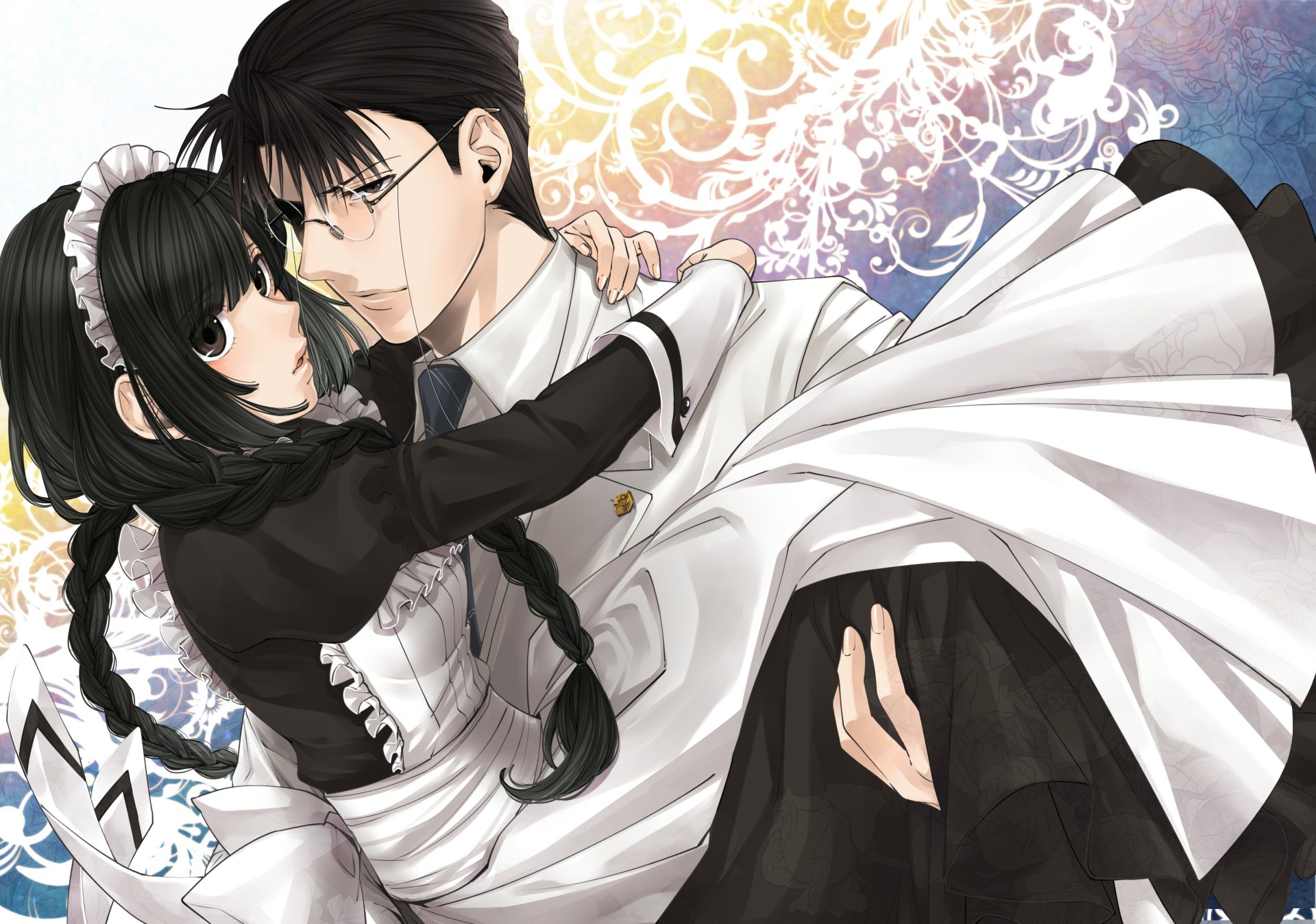 HD anime desktop wallpaper featuring Tadashi Miyanomori and Haru Asagi from Hanayaka Nari, Waga Ichizoku: Kinetograph in a detailed, elegant embrace.