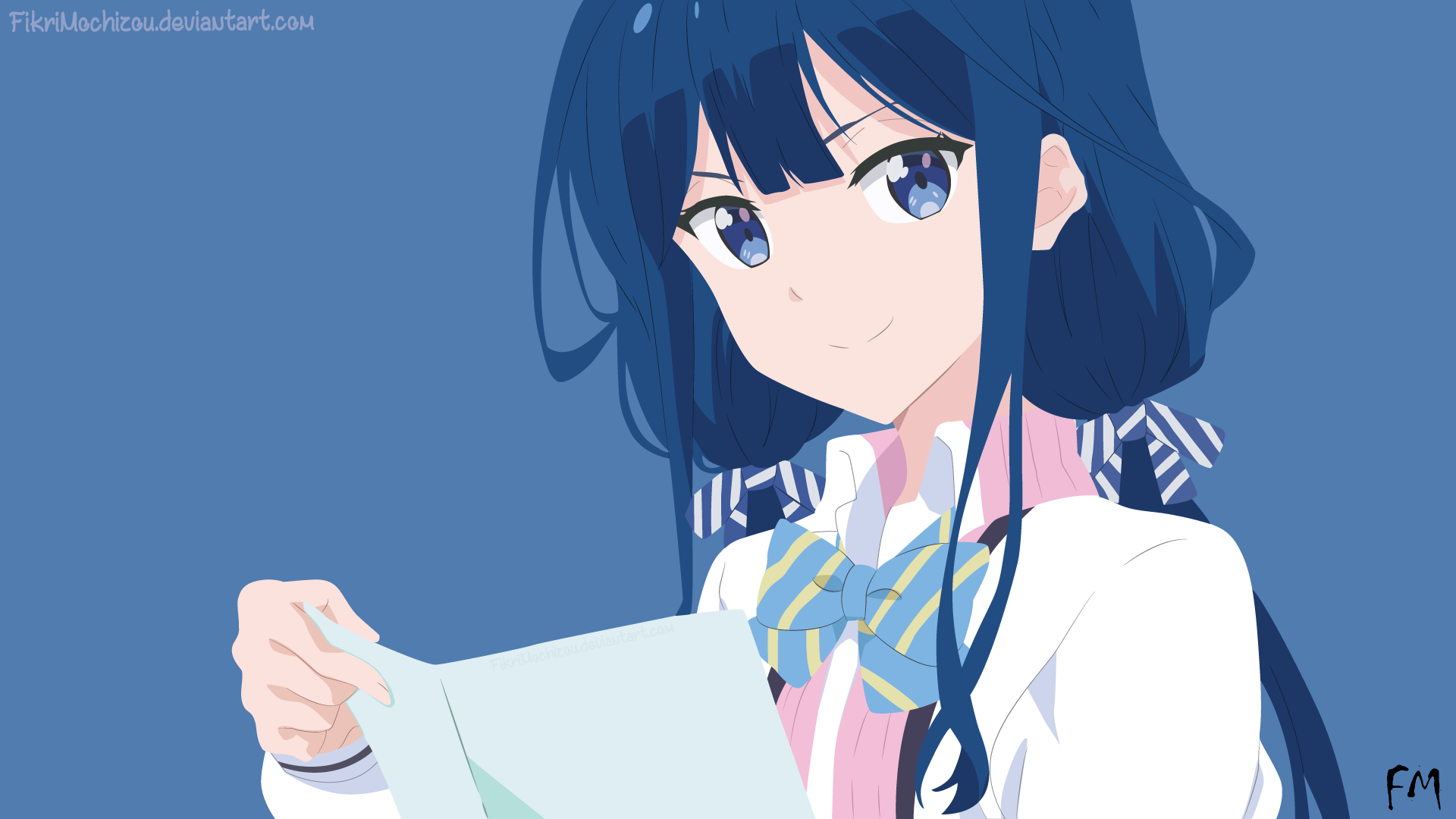HD anime desktop wallpaper featuring Aki Adagaki from Masamune-kun's Revenge, showcasing her with dark blue hair and a school uniform against a solid blue background.