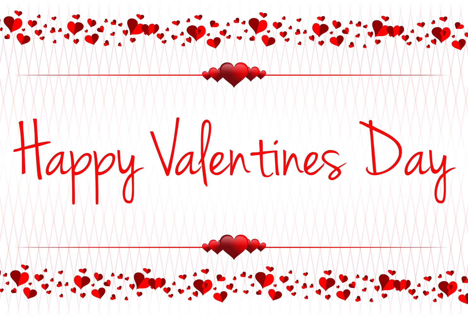 HD desktop wallpaper with Happy Valentine's Day in red text, surrounded by red hearts.