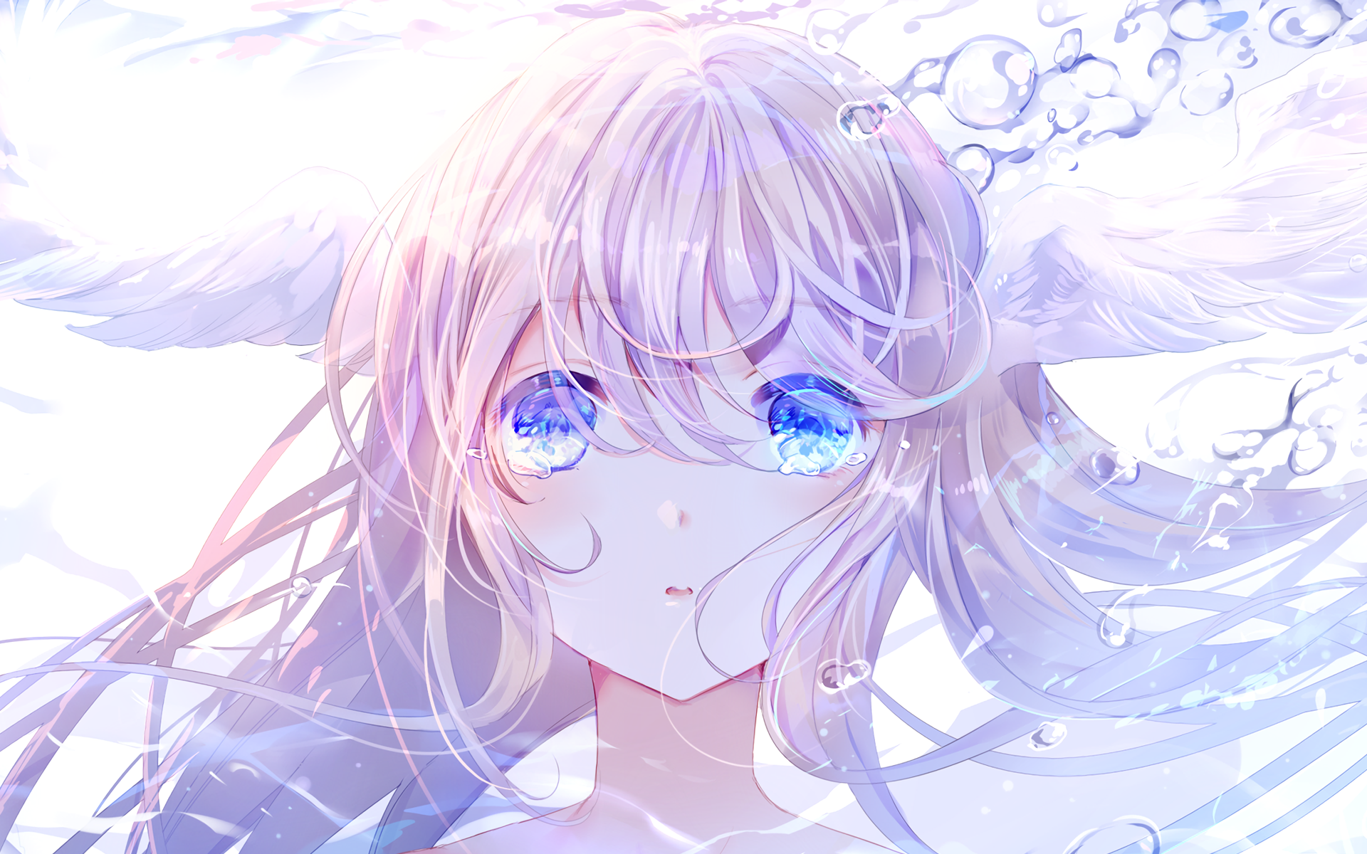 HD desktop wallpaper featuring an original anime character with bright blue eyes, flowing hair, and delicate wings, set against a captivating, light-filled background.