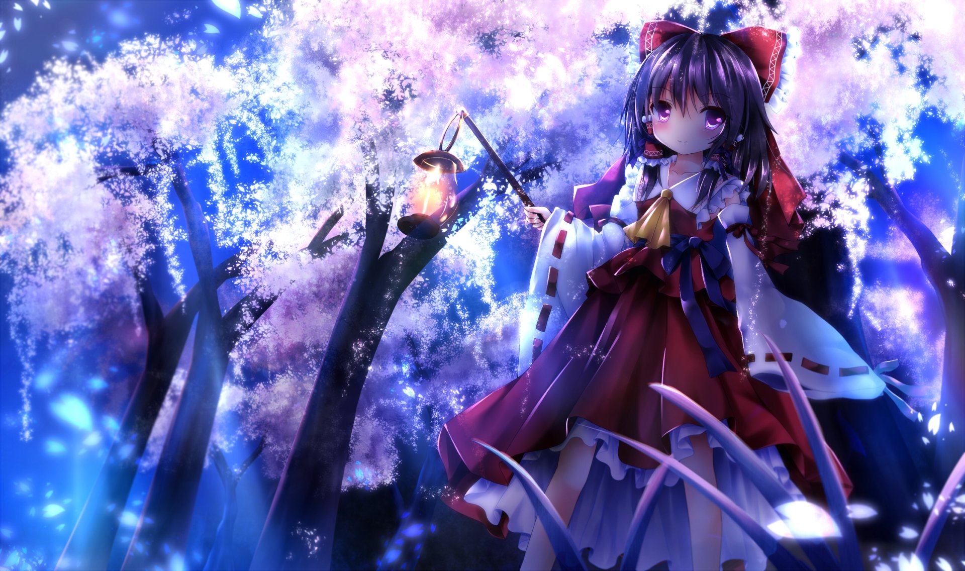 HD anime desktop wallpaper featuring Reimu Hakurei from Touhou, standing amidst glowing cherry blossoms under a moonlit sky.