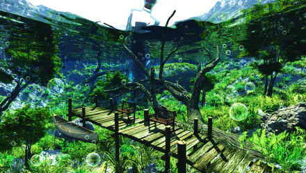 CGI 3D tree pier green reflection row boat boat bubble underwater water bench Anime Original green anime HD Desktop Wallpaper | Background Image