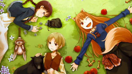 HD anime desktop wallpaper featuring Nora Arendt, Holo, and Yarei from Spice and Wolf lounging on grass surrounded by apples and plush animals.
