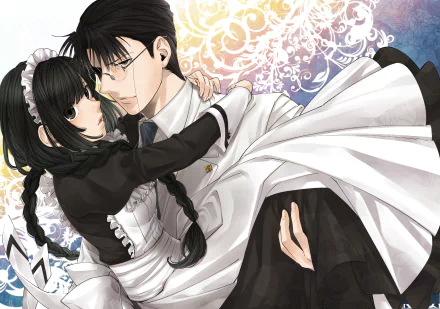 HD anime desktop wallpaper featuring Tadashi Miyanomori and Haru Asagi from Hanayaka Nari, Waga Ichizoku: Kinetograph in a detailed, elegant embrace.