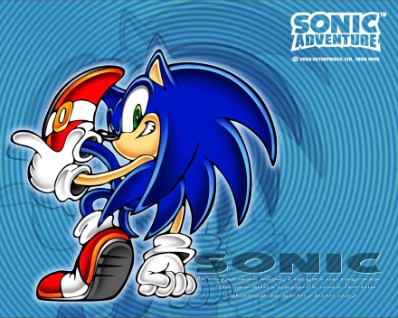 HD desktop wallpaper featuring Sonic the Hedgehog from Sonic Adventure DX with vibrant colors and a dynamic pose. Background includes a blue spiral design and Sonic Adventure logo.