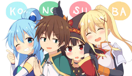 HD desktop wallpaper featuring anime characters Kazuma Satou, Darkness, Aqua, and Megumin from KonoSuba - God’s Blessing on This Wonderful World!! with KONO SUBA in the background.