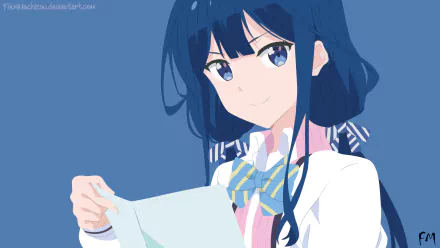 HD anime desktop wallpaper featuring Aki Adagaki from Masamune-kun's Revenge, showcasing her with dark blue hair and a school uniform against a solid blue background.
