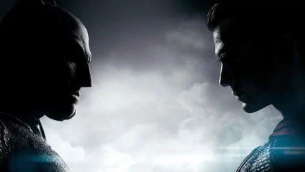 HD PC desktop wallpaper featuring a dramatic face-off between Batman and Superman from the movie Batman V Superman: Dawn Of Justice.