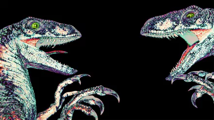 HD PC desktop wallpaper showing two stylized raptors from the movie Jurassic Park facing each other on a black background.