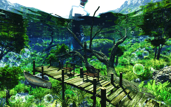 CGI 3D tree pier green reflection row boat boat bubble underwater water bench Anime Original green anime HD Desktop Wallpaper | Background Image