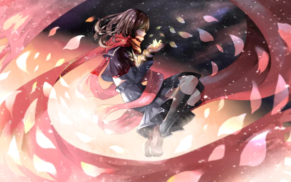 Anime character Ayano Tateyama from Kagerou Project floats surrounded by swirling pink petals and glowing light in this 4K Ultra HD PC desktop wallpaper.