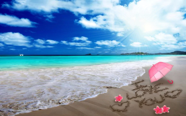 A vibrant HD desktop wallpaper of a beach with pristine sand, turquoise ocean waves, plumeria flowers, and a pink umbrella, evoking a romantic Valentine's Day holiday mood.