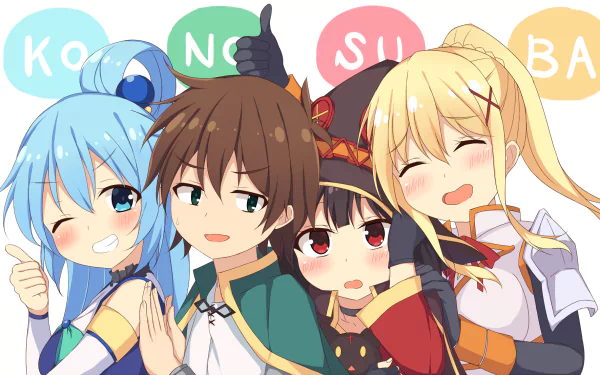 HD desktop wallpaper featuring anime characters Kazuma Satou, Darkness, Aqua, and Megumin from KonoSuba - God’s Blessing on This Wonderful World!! with KONO SUBA in the background.