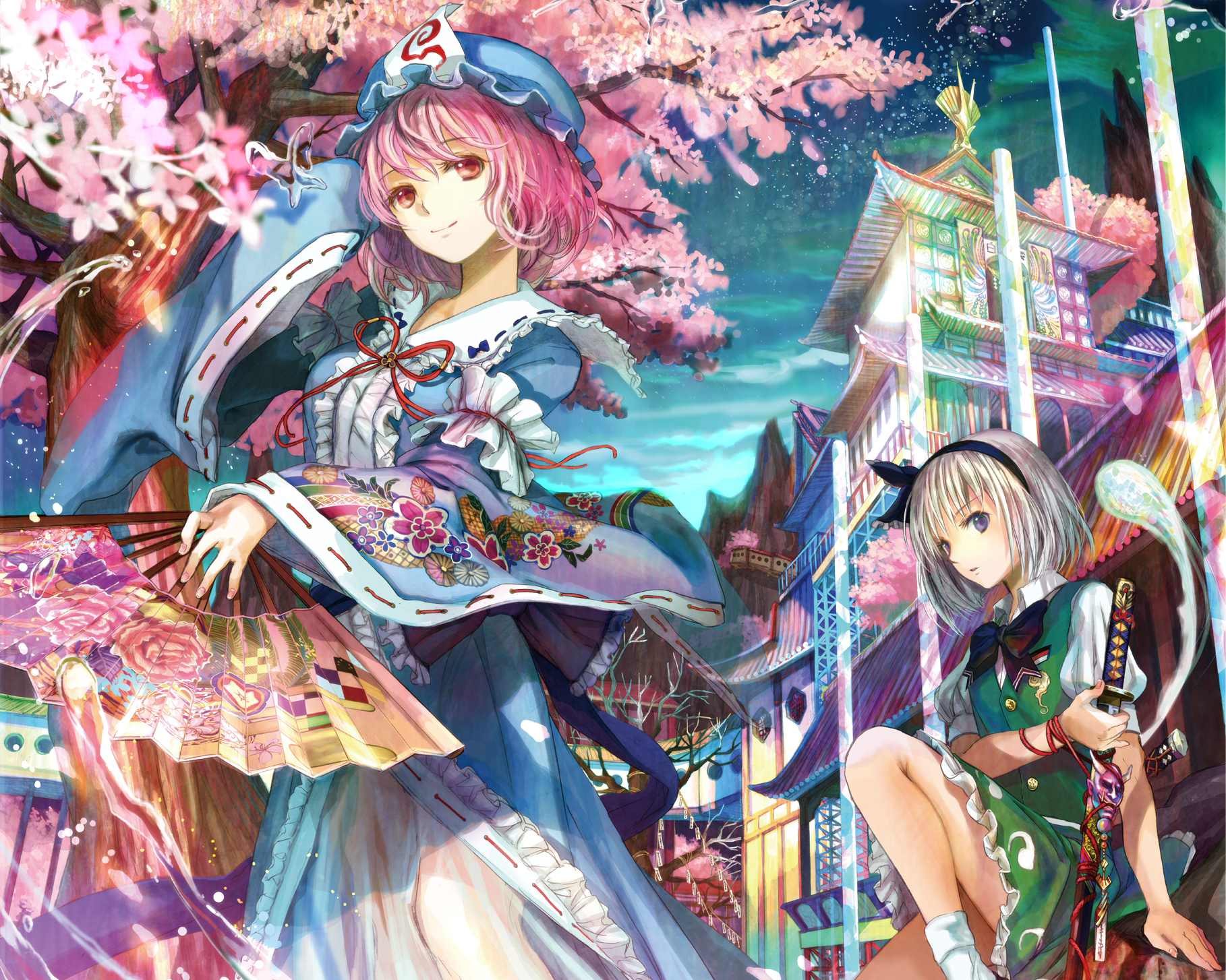 HD anime wallpaper featuring Youmu Konpaku and Yuyuko Saigyouji from Touhou, set against a vibrant, detailed background with cherry blossoms and traditional architecture.