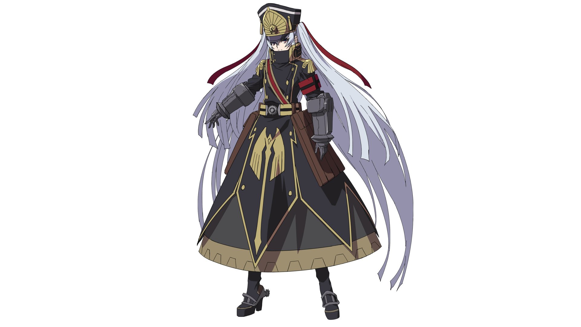 HD wallpaper featuring Gunpuku no Himegimi from the anime Re:Creators. The character is dressed in military-style attire with long silver hair, standing confidently against a white background.