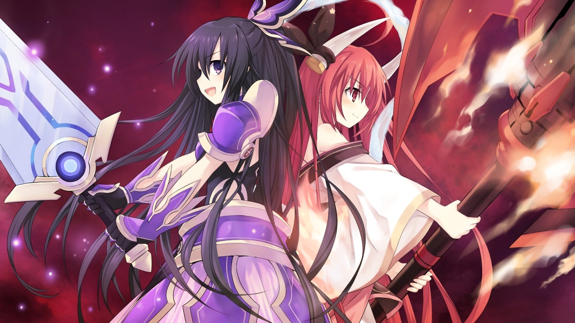 HD desktop wallpaper featuring Tohka Yatogami and Kotori Itsuka from the anime Date A Live, showcasing dynamic poses and vibrant colors in an action-packed scene.