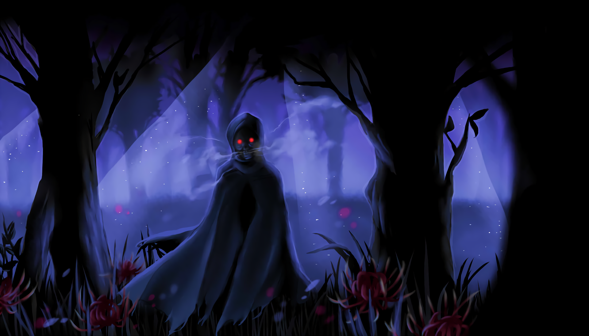 HD PC desktop wallpaper featuring Death Gun from Sword Art Online II, set in a dark, eerie forest with glowing red eyes and a mysterious, shadowy atmosphere.