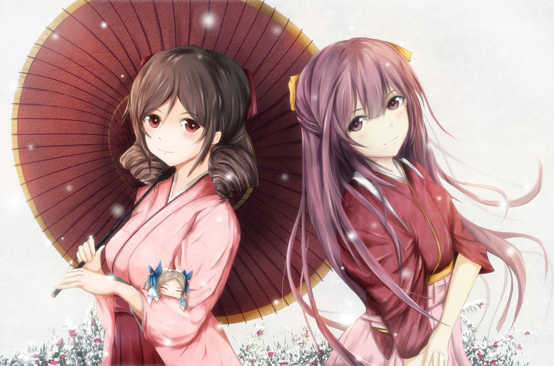 HD anime wallpaper featuring Kamikaze, Harukaze, and Asakaze from Kantai Collection, with detailed character art and soft floral background.