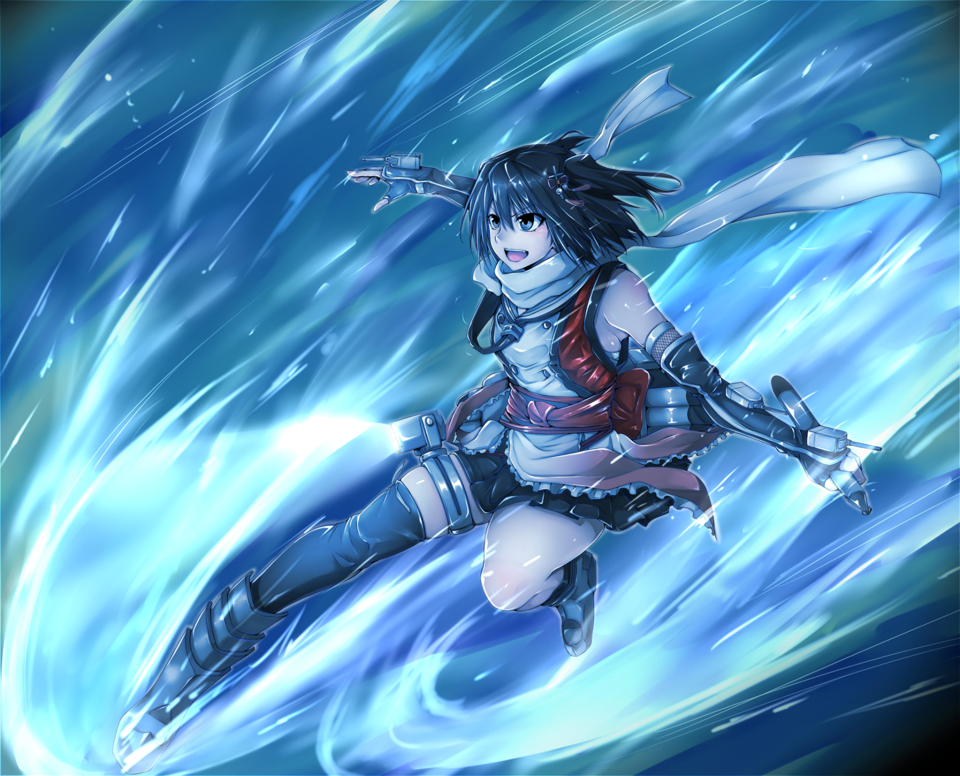 Sendai (Kancolle) — Kantai Collection anime HD desktop wallpaper: ship-girl in blue naval outfit leaping through swirling icy waves.