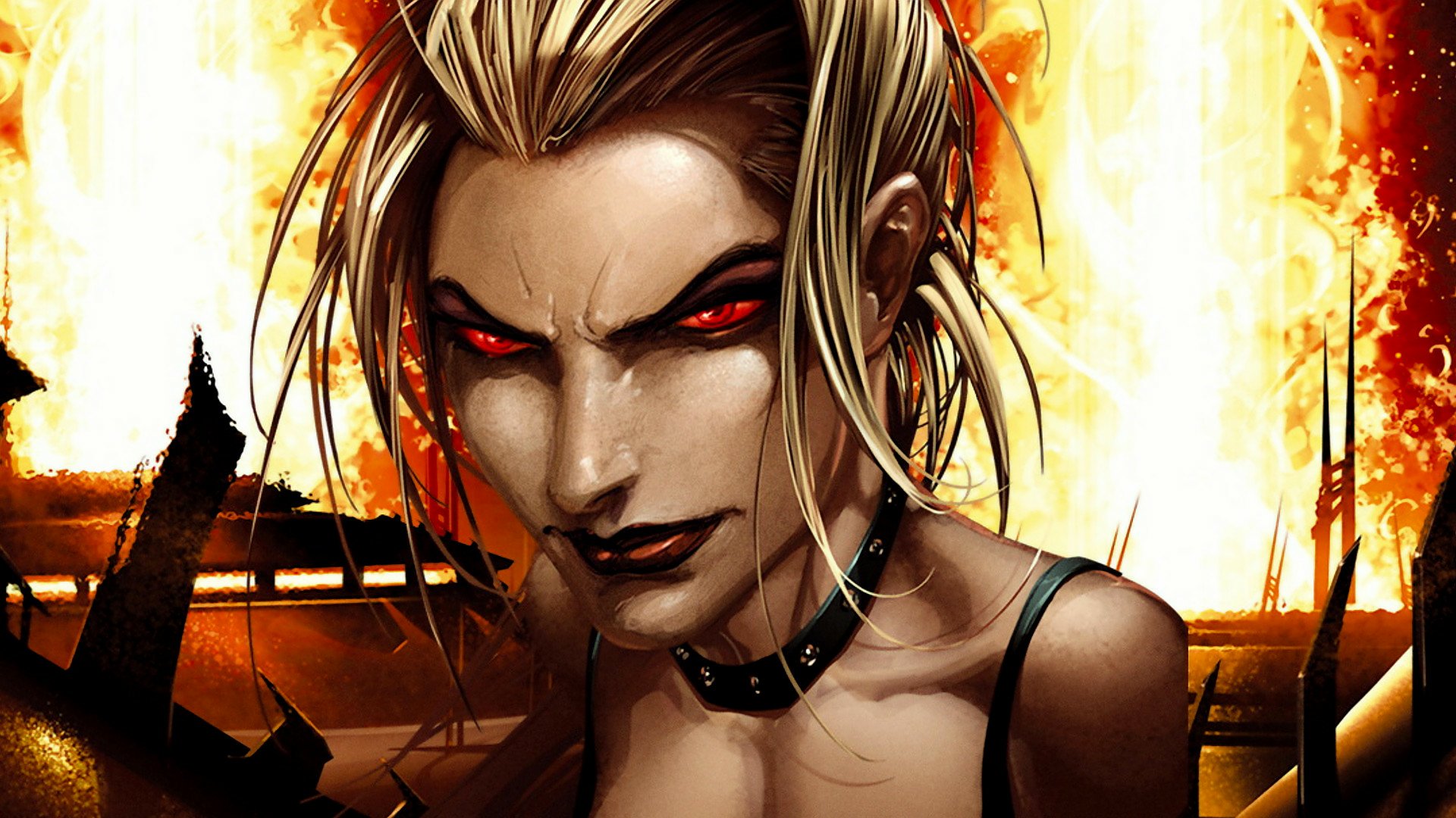 Close-up HD desktop wallpaper of Kara Zor‑El from the movie Superman/Batman: Apocalypse — fierce expression, glowing red eyes, black choker, and a burning cityscape backdrop.