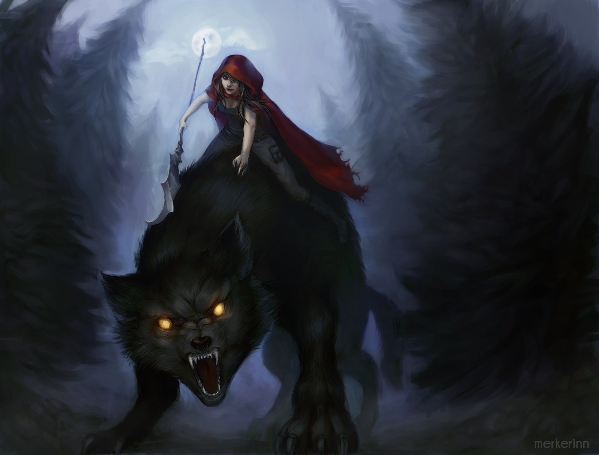 A fierce black wolf with glowing eyes carries Red Riding Hood holding a spear through a dark, misty forest at night in this fantasy HD desktop wallpaper.