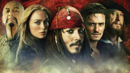 HD desktop wallpaper featuring key characters from Pirates of the Caribbean: At World's End including Jack Sparrow, Elizabeth Swann, Will Turner, Captain Sao Feng, and Hector Barbossa.