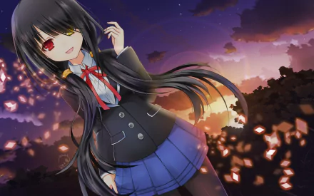 HD anime desktop wallpaper featuring a character from Date A Live, depicted with red and yellow eyes, wearing a dark school uniform against a twilight sky backdrop with glowing lights.