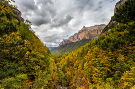 HD desktop wallpaper showcasing a vibrant fall landscape with colorful trees nestled between towering mountain cliffs under a dramatic cloudy sky.