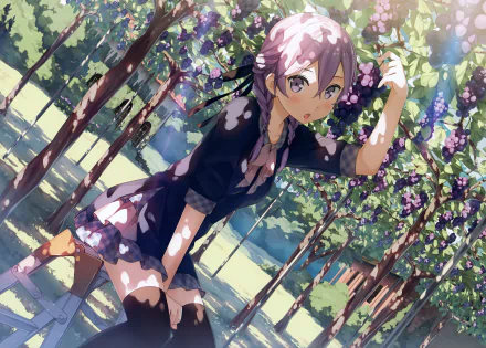 A high-definition desktop wallpaper featuring an anime girl in a vineyard, tagged 5 Nenme no Houkago, Anime, Original. Dappled sunlight filters through the grapevines around her.