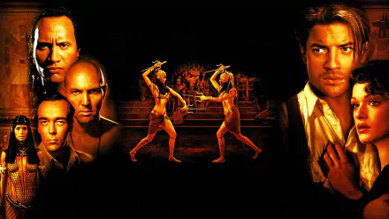 HD PC desktop wallpaper featuring characters and a legendary duel scene from the movie The Mummy Returns, highlighted by intense expressions and dramatic lighting.