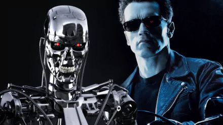 HD wallpaper featuring a scene from the movie The Terminator with a metallic terminator robot and a man in sunglasses and a leather jacket.