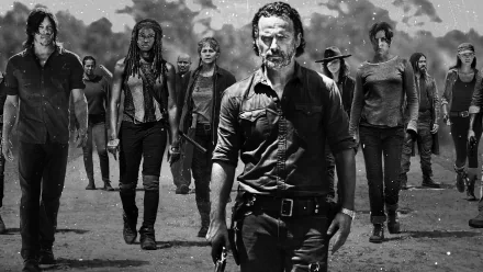 A HD desktop wallpaper of The Walking Dead featuring the main characters in a dramatic and intense pose, walking forward in a post-apocalyptic setting.