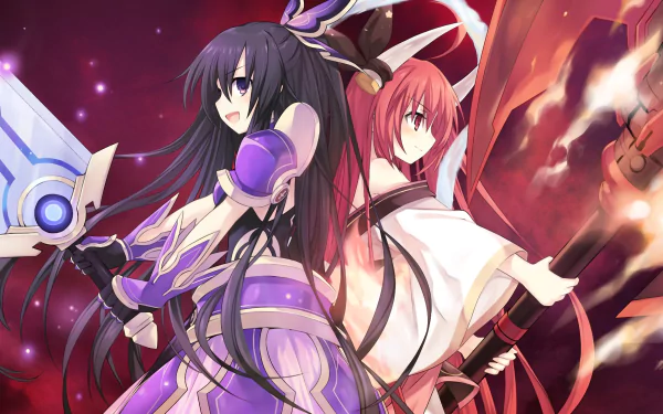 HD desktop wallpaper featuring Tohka Yatogami and Kotori Itsuka from the anime Date A Live, showcasing dynamic poses and vibrant colors in an action-packed scene.