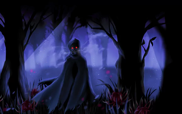 HD PC desktop wallpaper featuring Death Gun from Sword Art Online II, set in a dark, eerie forest with glowing red eyes and a mysterious, shadowy atmosphere.