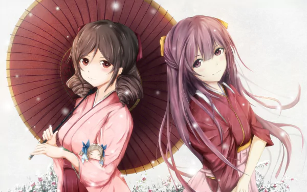 HD anime wallpaper featuring Kamikaze, Harukaze, and Asakaze from Kantai Collection, with detailed character art and soft floral background.