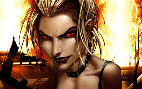 Close-up HD desktop wallpaper of Kara Zor‑El from the movie Superman/Batman: Apocalypse — fierce expression, glowing red eyes, black choker, and a burning cityscape backdrop.