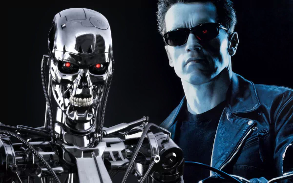HD wallpaper featuring a scene from the movie The Terminator with a metallic terminator robot and a man in sunglasses and a leather jacket.