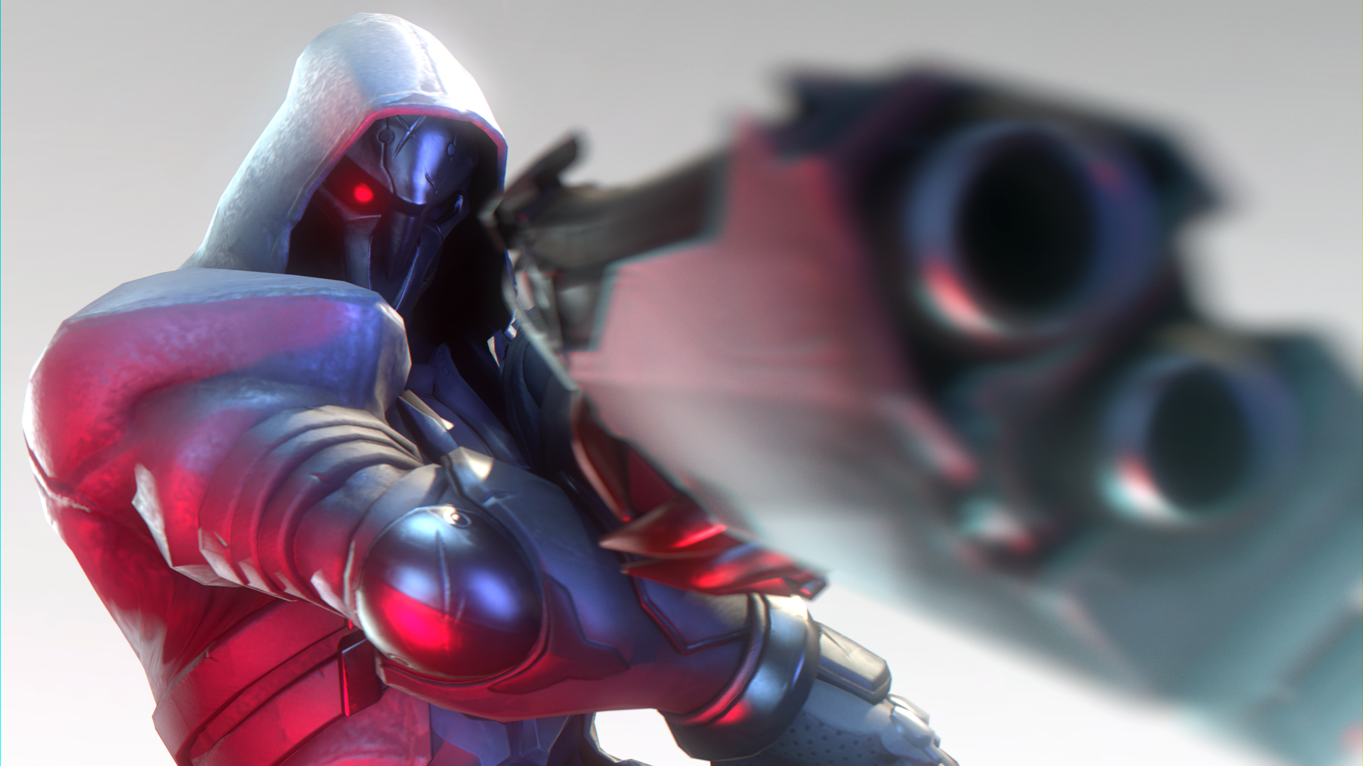 4K Ultra HD PC desktop wallpaper featuring Reaper from the video game Overwatch, showcasing his signature dark hood and glowing red eyes with a blurred shotgun foreground.