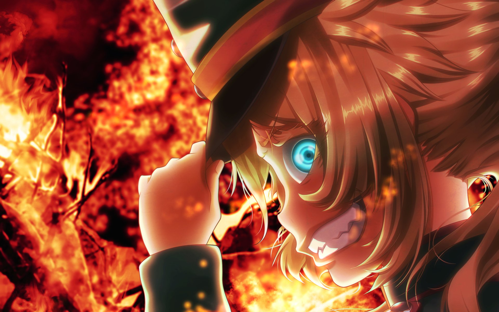 HD desktop wallpaper and background featuring Tanya Degurechaff from the anime Youjo Senki, depicted with an intense expression against a backdrop of roaring flames.
