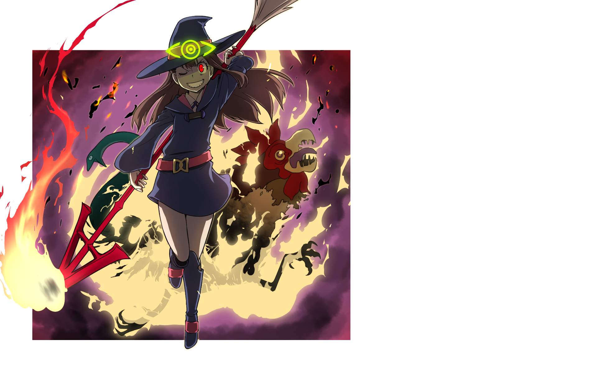 Atsuko Kagari from Little Witch Academia casts a fiery spell, surrounded by magical energy in this vibrant HD anime desktop wallpaper.