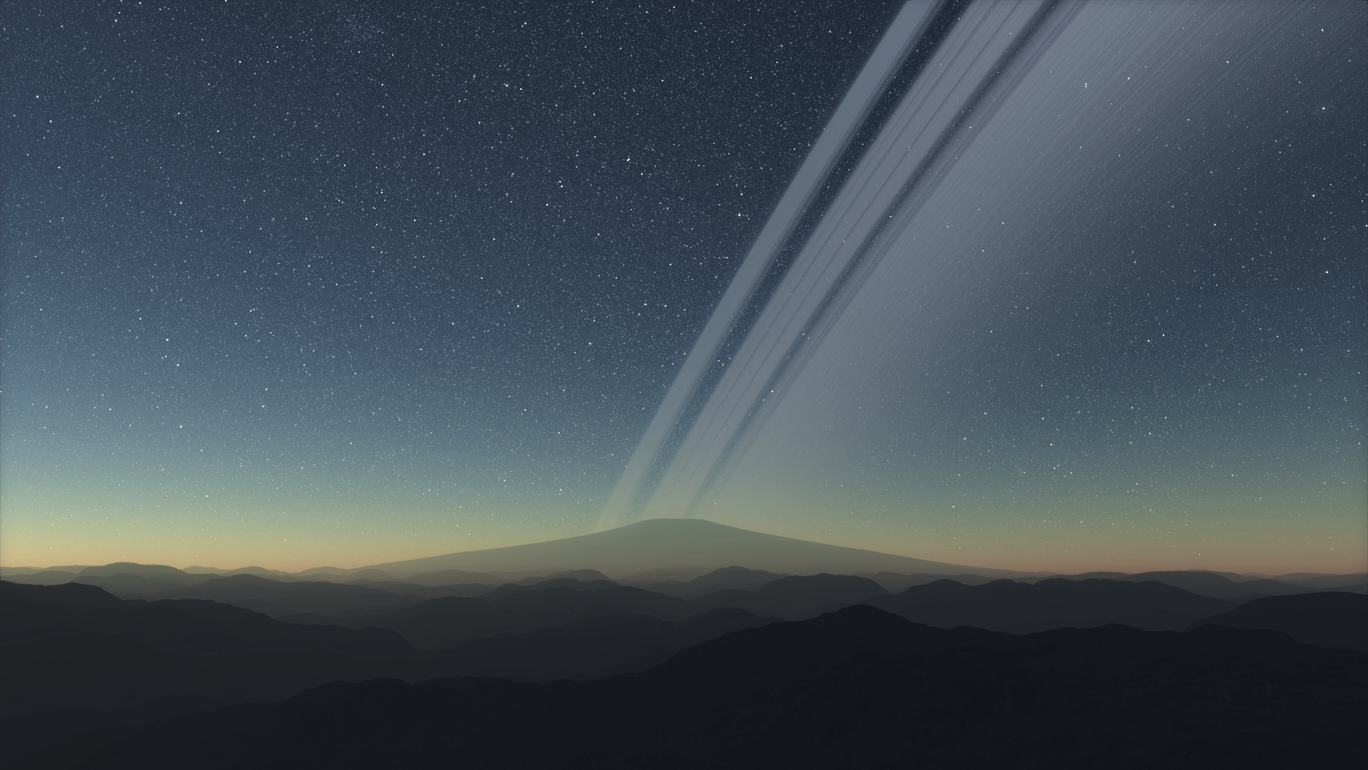 A stunning HD desktop wallpaper featuring a serene mountain landscape under a starry night sky, with striking planetary rings arching across the horizon, creating a captivating Sci-Fi space scene.