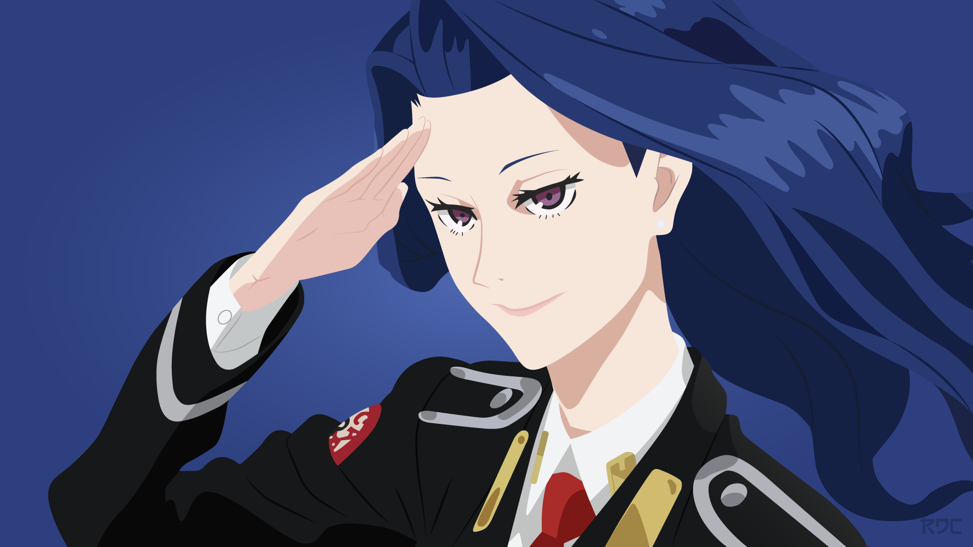 Anime-style illustration of a character from ACCA: 13-ku Kansatsu-ka saluting, set against a deep blue background, designed as a 4K Ultra HD PC desktop wallpaper.