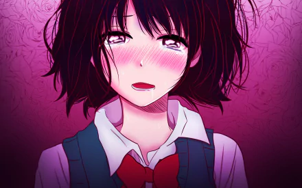 HD desktop wallpaper of Hanabi Yasuraoka from the anime Kuzu no Honkai. The image shows Hanabi's emotional expression against a pink, rose-adorned background.