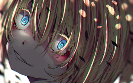 A striking HD desktop wallpaper featuring Tanya Degurechaff from the anime Youjo Senki, with a close-up view of her intense blue eyes and expressive face, surrounded by dynamic lighting effects.