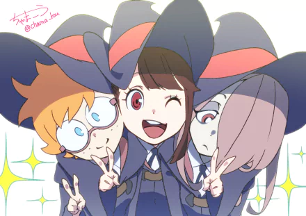 HD wallpaper featuring Lotte Yanson, Atsuko Kagari, and Sucy Manbavaran from Little Witch Academia. The trio is smiling and posing in their witch outfits.
