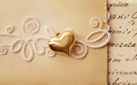 A high-definition desktop wallpaper featuring a golden heart on an artistically decorated letter, symbolizing love. The background includes intricate white embroidery on a beige fabric.