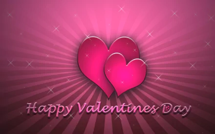 HD PC desktop wallpaper featuring two glowing pink hearts on a radiant pink background with Happy Valentine's Day text, celebrating the Valentine's Day holiday.