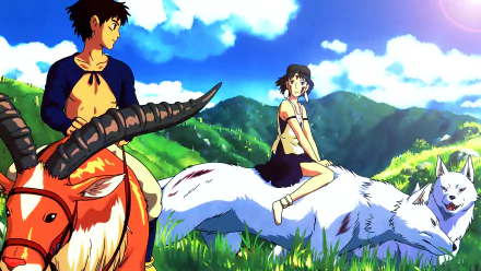 Anime HD desktop wallpaper from Princess Mononoke featuring two characters riding mystical creatures against a vibrant, sunny mountain landscape.