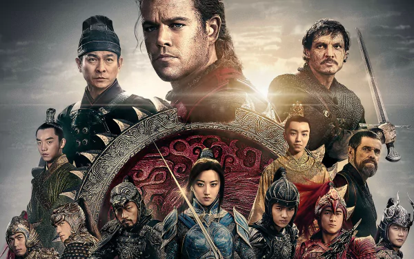 HD desktop wallpaper featuring Matt Damon surrounded by the cast of the movie The Great Wall, depicting characters in intricate armor and ancient Chinese settings against a cloudy backdrop.